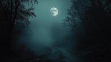 Ethereal Path Full Moon Illuminates a Foggy Forest Trail in the Deep of Night Atmospheric Spooky Mystery photo
