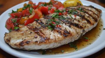 Grilled Fish Fillet with Tomato Salad and Lemon Wedge Fresh Flavorful Dish photo