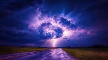 Electric Skies A Thunderstorms Fury Unleashed Over a Lonely Road at Night photo