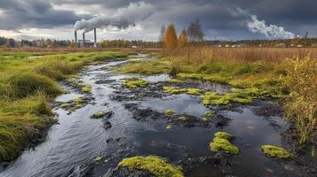 Industrial Contrast Smoke Stacks Over Serene Marshland A Landscape Divided by Progress and Nature photo