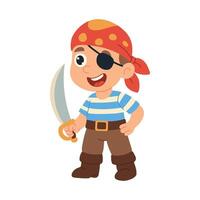 A young boy dressed as a pirate is holding a sword and wearing a red bandana. He is smiling and he is happy vector