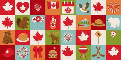 A colorful patchwork of Canadian flags, maple leaves, and other symbols. The image is a collage of various Canadian icons, including a bear, a moose, a maple leaf, and a hockey stick vector