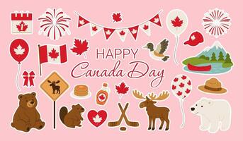 A collection of Canadian flags, maple leaves, and other Canadian icons are displayed on a pink background. The image is titled Happy Canada Day and features a variety of Canadian animals vector
