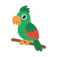 A cartoon parrot is perched on a branch. The bird is green and red. It has a big, curious look on its face vector