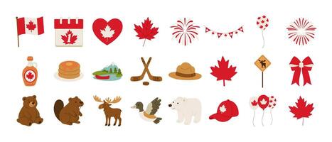 A collection of Canadian flags, maple leaves, and other Canadian icons. The flags are red and white, and the maple leaves are green. The icons include a bear, a moose, a beaver, a canoe vector