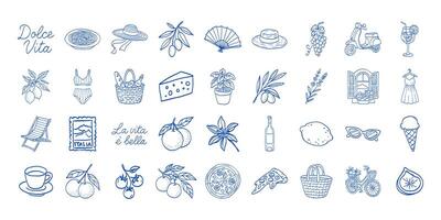 A blue and white image of various food items and objects, including a lemon, a bottle, a bowl, a hat, a fan, a car, a bicycle, a boat, a dress, a bowl, a bottle, a hat vector