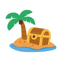A small wooden chest is sitting on a sandy beach next to a palm tree. The scene is peaceful and relaxing, with the palm tree providing shade and the ocean in the background vector