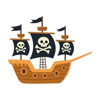 A cartoon drawing of a pirate ship with skulls and crossbones on the sails. The ship is large and has a skull and crossbones flag on the front vector