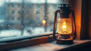 Snowy Window Scene Glowing Lantern Warmth Amidst Winters Embrace photo