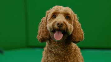Happy Cockapoo Portrait Bright Eyes Open Mouth and Playful Expression on Green Screen photo