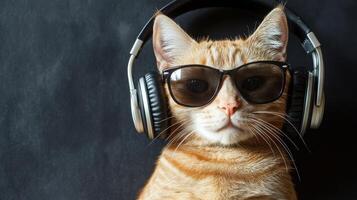 Cool Cat Vibes A Ginger Tabby Ready to Drop the Beat with Headphones and Shades photo