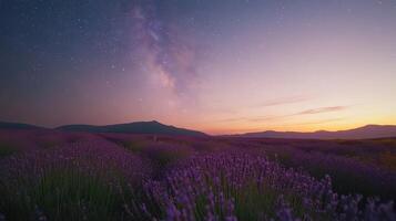 Lavender Fields Under a Starry Sky A Serene Nightscape of Purple Blooms and Celestial Wonder photo