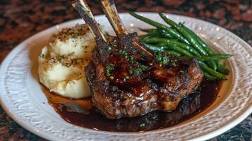 Elegant Lamb Chop Dinner Mashed Potatoes Green Beans and Rich Sauce photo