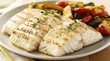 Grilled Cod Delight A culinary masterpiece of fish and vegetables on a plate photo