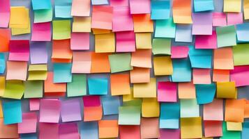 Colorful Sticky Note Collage A vibrant organized pattern of paper squares for reminders and organization photo