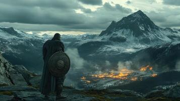 Viking Overlook A Warriors Vigil over a Burning Valley in a Harsh Landscape photo