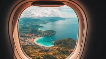 Coastal Paradise Seen Through a Plane Window Mountains Beach and Azure Waters photo