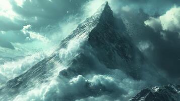 Teal Majesty A Dramatic Mountain Peak Embraced by Clouds photo