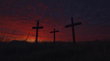 Three Crosses at Twilight A Silhouette Against a Fiery Sky photo