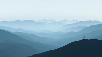 Silhouette on the Summit A Solitary Figure Amidst Misty Mountain Layers Contemplation and Serenity photo