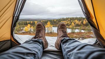 Autumnal View From Tent Boots Water and Sky photo