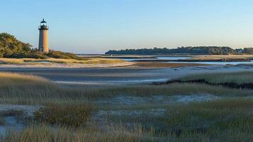 Lighthouse at Low Tide Serene Coastal Landscape With Towering Beacon Amidst Beach and Salt Marsh Grass photo