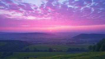 Painted Skies A Vivid Sunrise Over Rolling Hills and Verdant Valleys at Dawn or Dusk photo