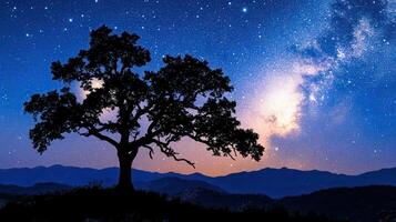 Under a Starry Sky Silhouetted Tree with Mountain Backdrop and Milky Way Magic photo