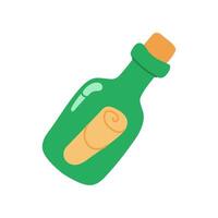 A green bottle with a cork stopper and a scroll of paper inside. The bottle is empty and the scroll of paper is yellow vector