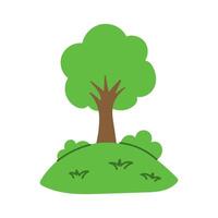 A cartoon tree is on a hill with grass. The tree is green and has brown leaves vector