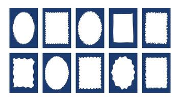 The image is a collection of blue squares with white outlines. The squares are all different sizes and shapes, but they all have a similar design. Scene is playful and whimsical vector