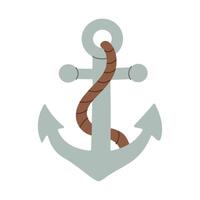 A silver anchor with a brown rope wrapped around it, tied to the top of the anchor. The rope is twisted and knotted, giving the anchor a rustic, weathered appearance vector