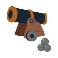 A cartoonish depiction of a cannon with three balls in it. The cannon is surrounded by a wooden platform vector