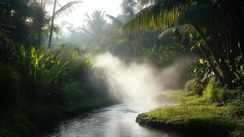 Tropical River Sunrise Mist Palm Trees and Lush Greenery Abound photo