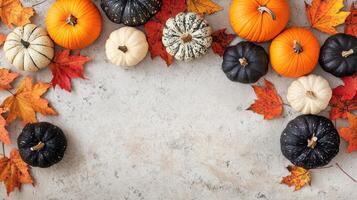 Autumn Bounty Pumpkins and Leaves Displayed on a Textured Surface photo