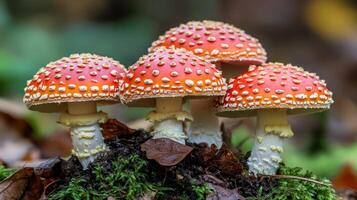 A Cluster of Fly Agaric Mushrooms Thriving in a Mossy Forest Landscape - Nature's Wonders photo