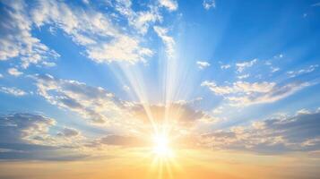 Radiant Sunrise Sky A Burst of Light Piercing Through Pillowy Clouds in a Vivid Blue Expanse photo
