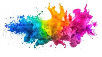 Chromatic Cascade Explosive Rainbow Ink Cloud on White Backdrop Artistic Viscosity and Dynamic Fluidity photo