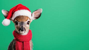 Festive Fawn A Portrait of Holiday Cheer with a Santa Hat and a Red Scarf on a Green Backdrop photo