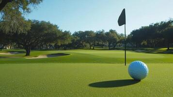 Golf Ball Close to the Hole on Lush Green Course Under a Clear Sky photo