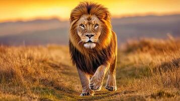 Majestic Lion Portrait Powerful Presence in the Golden Hour of African Savannah photo