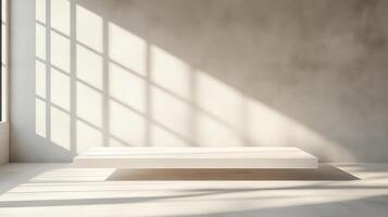 Minimalist Interior with Sunlit Platform A Study in Light and Shadow for Product Presentation photo