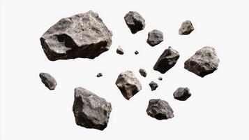 Floating Rocks A Collection of Rocks Suspended in Mid-Air Against a White Background photo