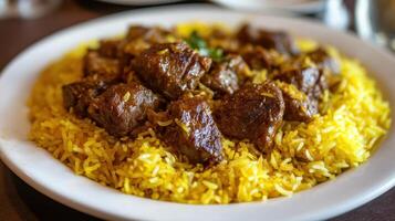 Fragrant Rice and Tender Meat A Culinary Delight Served on a White Plate photo