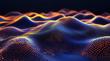 Abstract Glowing Particle Wave Dynamic Orange and Blue Wavy Surface for Tech and Science Backgrounds photo