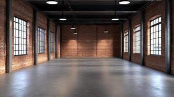 Industrial Loft Interior Spacious Empty Room with Brick Walls and Concrete Floor photo