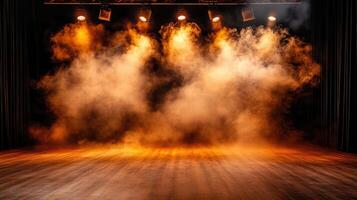 Dramatic Stage Illumination with Smoke and Wooden Floor - Theatrical Setting photo