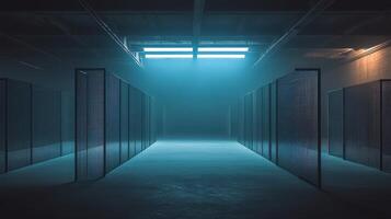 Data Fortress Rows of Servers Bathed in Cold Light in a Futuristic Server Room Ambiance photo