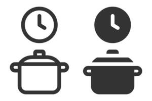 Cooking pot, clock and pan icon set vector