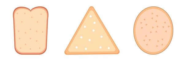 Three cracker shapes in toast, triangle, and round form. vector